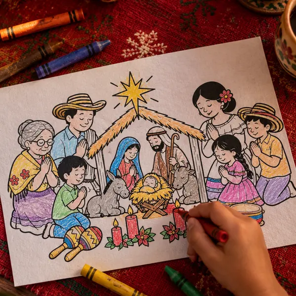 Niños coloreando un pesebre impreso